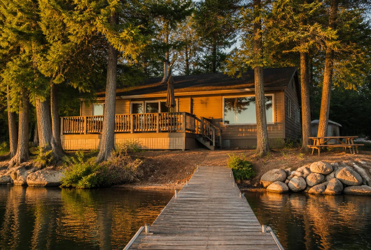 A wooden lake house with a dock at golden hour in one of Kalm's markets